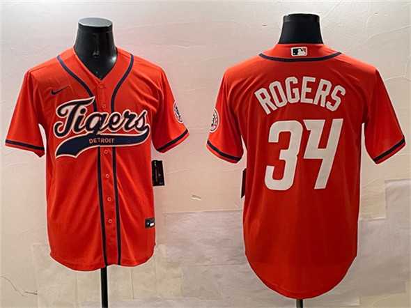 Mens Detroit Tigers #34 Jake Rogers Orange With Patch Cool Base Stitched Jersey